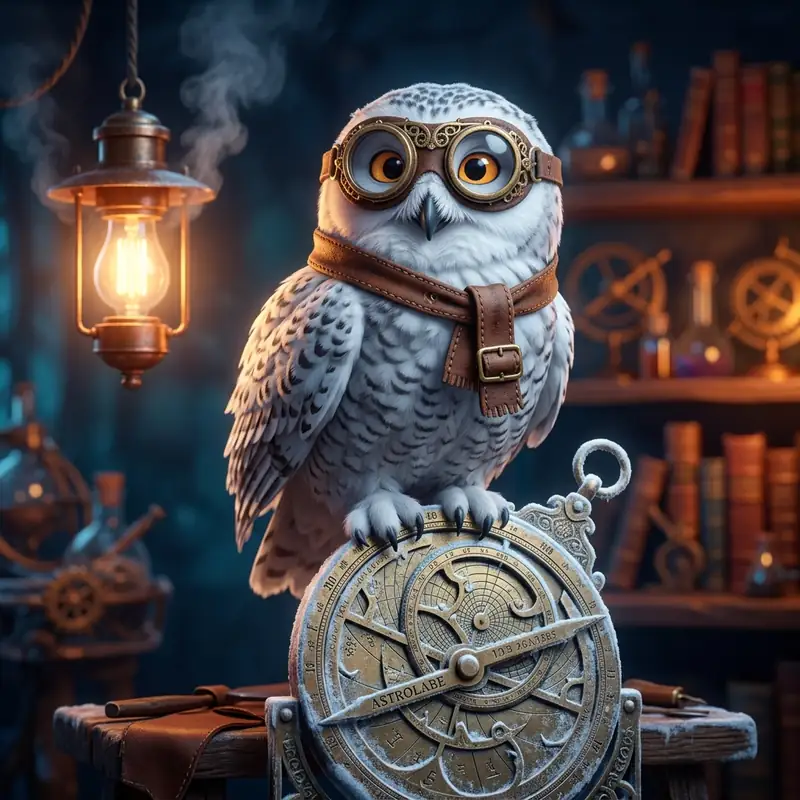 Professor Barnaby, a snowy owl with brass goggles